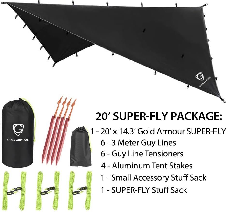 Gold Armour Rainfly Tarp Hammock, Premium 20ft x 14.3ft Rain Fly Cover, Waterproof Ultralight Camping Shelter Canopy - color: Black