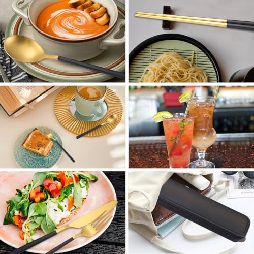 AARAINBOW 6 Pieces Stainless Steel Flatware Set Portable Reusable Cutlery Set Travel Utensils Set Including Chopsticks Knife Fork Spoon Straws Cleaning Brush Dishwasher Safe (B-Black golden) - color: B-Black golden