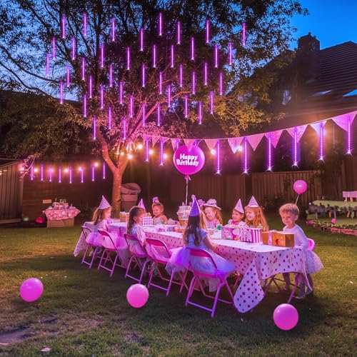 JMEXSUSS Pink Valentine Lights Outdoor, 8 Tube 144 LEDs Solar Meteor Shower Lights Outdoor, Solar Christmas Lights for Tree Eave Holiday Party Patio House Wedding Valentine's Day Decor - color: Pink, size: 1*144LED