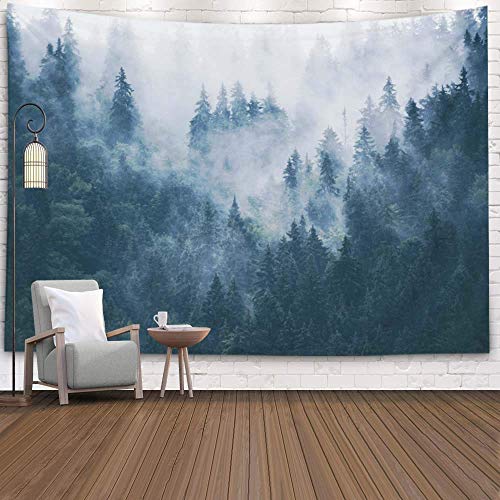 EMMTEEY Dorm Tapestry Marble,Tapestries Décor Living Room Bedroom for Home Inhouse by Printed 50x60 Inches for Foggy Mountain Landscape with fir Forest in Hipster Vintage Retro Style - color: Grey Green, size: 50"L x 60"W