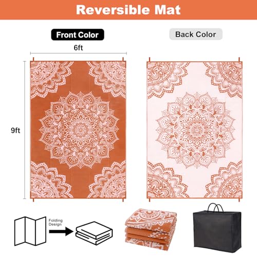 Yamaziot Waterproof Outdoor Rug 6x9 ft, Reversible Plastic Straw Rug for Patio Clearance, Camping, RV Mat, Large Outside Rug Carpet for Porch, Deck, Backyard, Balcony, Picnic - color: Orange/ Pink, size: 6' x9'