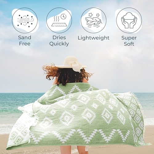 Turkish Towels Beach Towels Oversized (35”x67”) Beach Towels for Adults Quick Dry and Sand Free Beach Towel Beach Blanket 100% Cotton Turkish Towel - Soft Green - color: Vintage Green