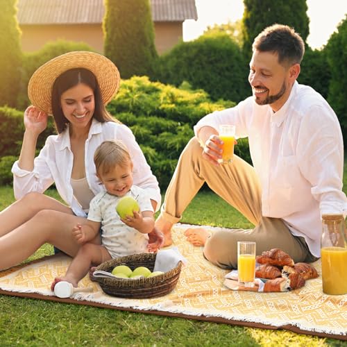 VitalCozy Waterproof Picnic Blankets 71×71 inch Outdoor Blanket Foldable 2 in 1 Double Layer Sandproof Beach Mat with Carry Strap for Camping Lawn Park Beach Grass(Yellow) - color: Yellow White