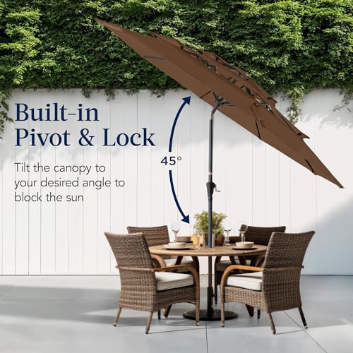Best Choice Products 10ft 3-Tier Market Patio Umbrella, Outdoor Sun Shade with Tilt, Crank Lift, 8 Ribs for Backyard, Deck, Poolside - color: Brown