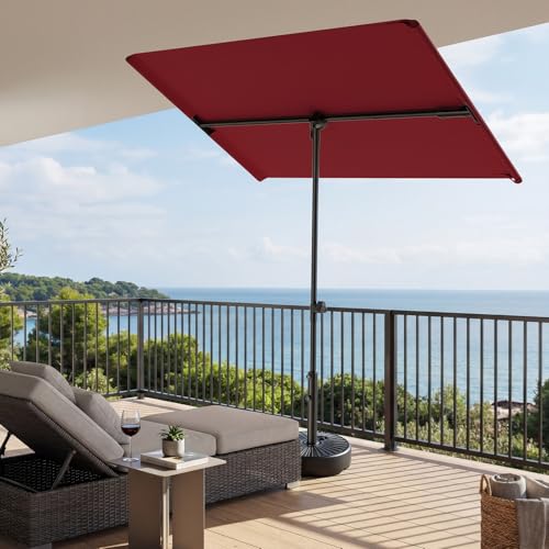 HOMSHADE 6x4ft Outdoor Balcony Umbrella - Flat Porch Pool Patio Umbrella Rectangular Canopy Shade UPF50+ UV Protection 360° Rotating & Tilting All Angles Applicable (Red, No Base) - color: Red