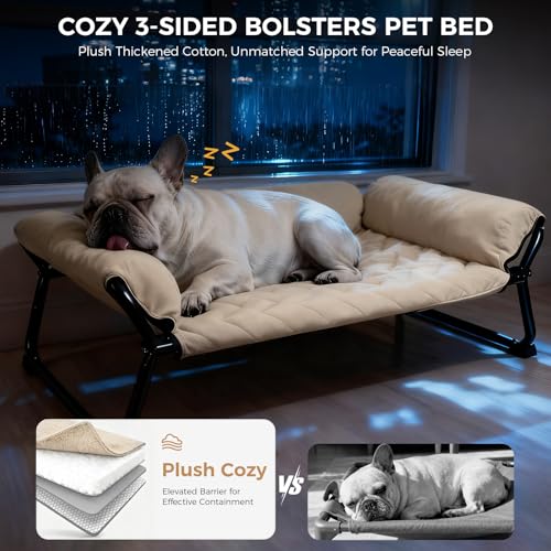 Lekereise Cooling Elevated Outdoor Dog Bed Cot + Orthopedic Indoor Small Dog Sofa Bed, Washable Cover & Sturdy X-Frame, 37x21.5inches, Medium, Beige