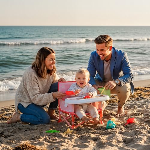 Tiny Marvels 3-in-1 Portable Baby Chair, Foldable Booster Seat with Removable Tray, Safety Harness & Carry Bag for Dining, Travel, Camping, Beach, 6M-3Y (Blush Petals) - color: Blush Petals