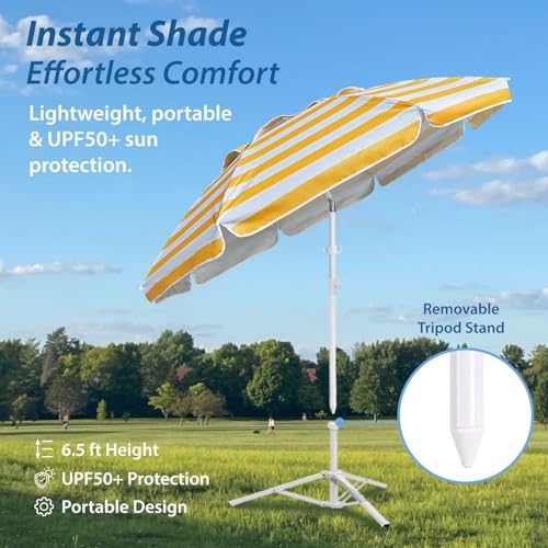 AMMSUN Shade Umbrella, Premium Portable Umbrella with Stand, 6.5ft Lightweight Free Standing Canopy for Sporting Games, Adjustable Instant Sun Protection and Easy to Carry, Stripe Yellow - color: Stripe Yellow
