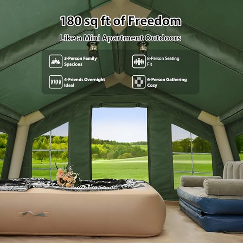 KNUO Inflatable Camping Tent, Large Blow-Up Air Tent, No Assembly Needed Luxury Glamping House, Oxford Fabric - color: Field Green-Dual-layer Doors, size: 12x15ft