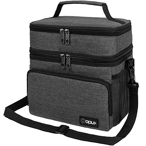 opux Insulated Lunch Bag for Men Women, Large Dual Compartment Cooler Bag, Soft Two Deck Lunch Box for Work School Picnic, Leakproof Lunch Tote with Strap for Kid Adult (Charcoal Gray, Double Deck) - color: Charcoal Gray, size: Double Deck