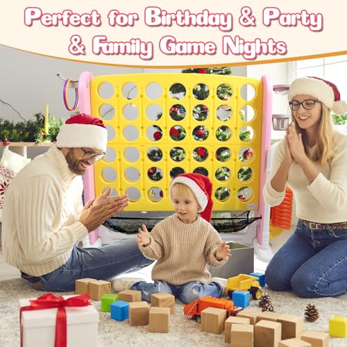 Ancaixin Giant 4 in-A-Row Connect Game Set, Adjustable Height Jumbo Yard Game with Basketball Hoop, Golf, Mesh Pocket & Ring Toss, Indoor Outdoor Family Backyard Party Game for Kids and Adults, Yellow - color: Yellow