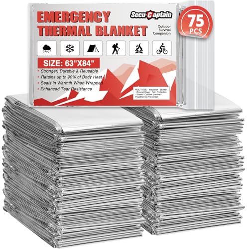 SecuCaptain Survival Emergency Thermal Blankets: 75 Pack Extra Large 84” x63” Space Mylar Blanket Kit for Outdoor Cold Winter Camping Hiking Car Bug Out Bag or First Aid - color: Sliver, size: 75 Pack