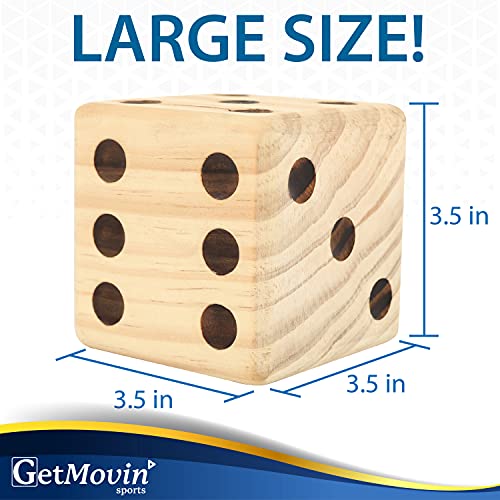 GETMOVIN SPORTS Giant Wooden Playing Dice Set with Roll Bucket and Scorecard, Outdoor Lawn Yard Game - Includes 6 Dice, Dry Erase Scorecard W/Marker, Roll Bucket, Carrying Bag (3.5" Dice)
