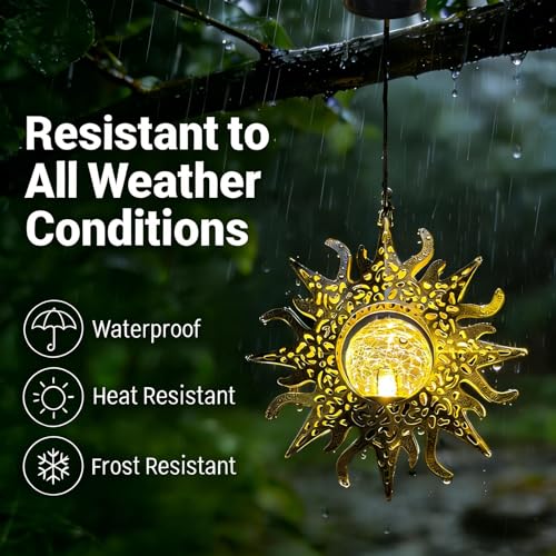 Hanging Solar Lights Outside Lanterns Garden Decorations,2 Pack Metal Sun Outdoor Art Decor for Backyard Balcony Patio Porch Landscape Pathway,Unique Mother's Day Gifts for Women Mom Grandma