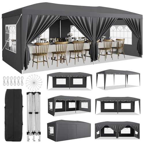 GarveeLife 10x20 Heavy Duty Pop Up Canopy Tent with 6 Removable Sidewalls, Easy Up Commercial Canopy Tents for Parties, Large Outdoor Canopies with 3 Adjustable Heights, Stakes X18, Ropes X6, Grey