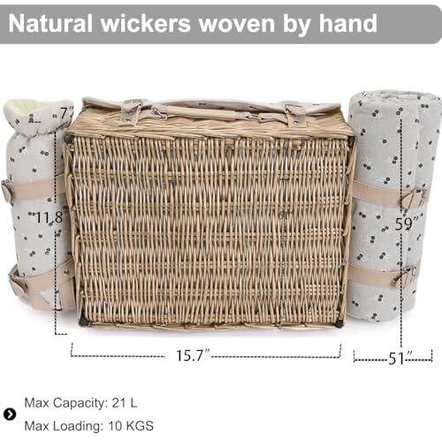 Multifunctional Wicker Picnic Basket Set for 4 with Blanket and Picnic Table, Insulated Picnic Set with Full Tablewares for Camping Outdoor Couples,Cherry - color: Cherry With Blanket &Table for 4