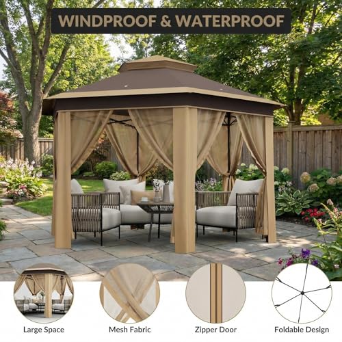 Takywep 13x13 ft Outdoor Gazebo Pop Up Canopy Tent, Heavy Duty Metal Frame, Double UV Protection, Privacy Screen Curtain, 3-Height Adjustable, Wheeled Bag & Ground Stakes for Backyard Patio Beige - color: Khaki Beige
