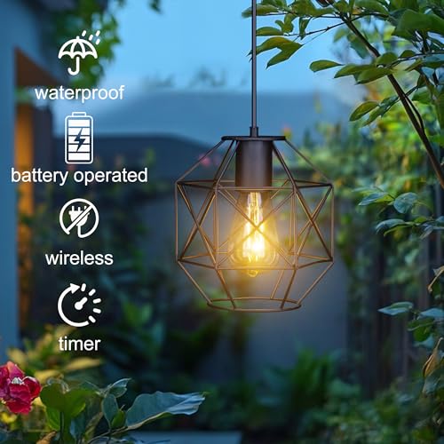Battery Operated Hanging Lantern Outdoor, Waterproof Metal Pendant Light with 6 Hours Timer, Battery Powered Gazebo Lantern for Porch Pergola Patio Garden Indoor Decor