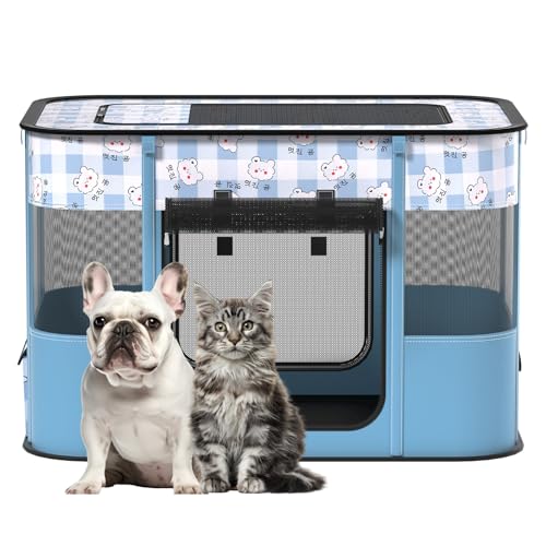 Portable Pet Playpen Cat Cages Indoor， 35.4" L x 27.6" W x 23.6" H Collapsible Dog Crates Made of 600D Oxford Material Tent Kennel Playpen for Dogs Cat and Rabbit Travel Dog Playpen Indoor (L, Blue) - color: Blue, style: Large（35.4"L x 27.6"W x 23.6"H）