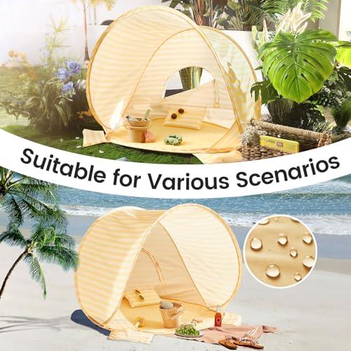 Tiny Land Baby Beach Tent – Pop Up Baby Tent with UV Protection, Portable Baby Beach Essentials, 35.4"x27.6"x31.5" Sun Shelter for Infants, Baby Summer Outdoor Use (Pastel Yellow Stripes) - color: Pastel Yellow Stripes