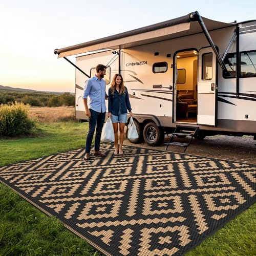 sarben Outdoor Rug for Patio - Waterproof Plastic Straw Camping Rugs 5x8 ft, Reversible Outdoor Indoor RV Mat Carpet for Patio, Porch, Deck, Balcony, Picnic, Beach, Black Brown - color: Black&brown, size: 5' x 8' (Rectangular)