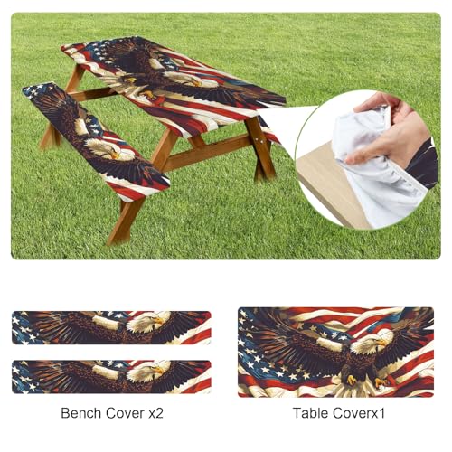ANNA QUEEN Patriotic American Eagle 6FT Picnic Table Cover with Bench Covers Set of 3 with Drawstring Bag, USA Flag Eagle 72"x30" Waterproof Picnic Tablecloth & Bench Covers for Outdoor BBQ - color: #64