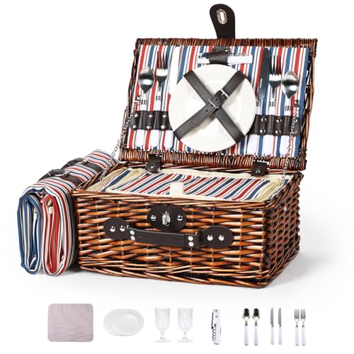Wicker Picnic Basket for 2 with Waterproof Picnic Blanket and Insulated Bag Classic Red, White and Blue Stripes for Soccer Game, Camping, Travel, Birthday Gift, Wedding Gift - color: Retro Red White and Blue Stripes