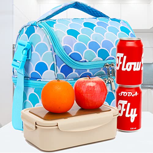 FlowFly Double Decker Cooler Insulated Lunch Bag Large Tote for Boys, Girls, Men, Women, With Adjustable Strap (Mermaid) - color: Mermaid