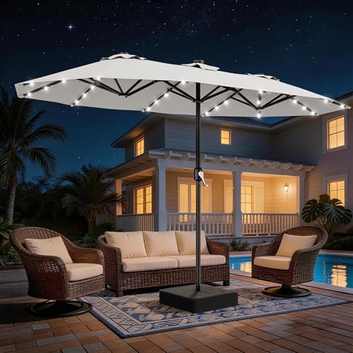 AreShark 13 FT Patio Umbrella with Solar Lights, Double-Sided Outdoor Table Umbrellas with Crank, Large Rectangular Market Umbrella for Porch, Lawn, Pool, Backyard, Light Gray - color: Light Gray, size: 6.5x13 Ft