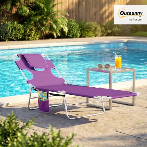 Outsunny Chaise Lounge Chair Outdoor with Face Arm Hole, 5-Position Reclining Face Down Tanning Chair with Carry Strap, Side Pocket, Portable Folding Bed Cot for Patio Beach Pool, Purple - color: Purple, size: 1 Piece