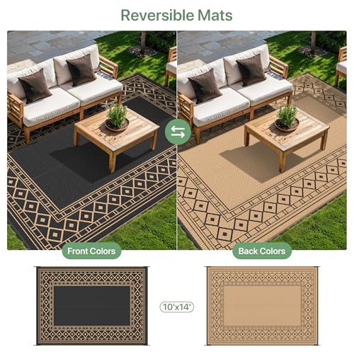 GENIMO Outdoor Rug Waterproof 10'x14' for Patio, Foldable Reversible Plastic Straw Carpet for Travel Trailers, Outside Area Mat for Rv, Deck, Picnic, Porch, Camper, Balcony, Beach, Black & Brown - color: Black & Brown | Natural, size: 10' x 14' (Rectangul