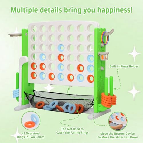 Giant 4-in-A Row Connect Game Set, Height Adjust Jumbo Yard Game for Kids & Adults w/Mesh Catching Bag, Basketball Hoop, Ring Toss & Mini Golf, Family Party 4-to-Score Indoor/Outdoor Games - color: White Green