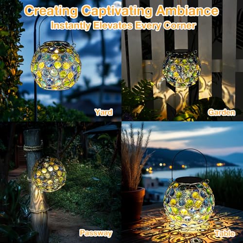 Uspring 2 Pack Crystal Mosaic Solar Lanterns Outdoor Waterproof Decorative Hanging Solar Lights for Outside, Gifts for Women Mom Grandma Garden Decor for Patio Backyard Porch Pathway Walkway, Blue - style: Blue - 2Pack