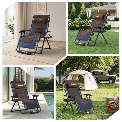 Amopatio Foldable Zero Gravity Chair, Oversized Outdoor Reclining Chair, 500LB Weight Capacity XLPatio Recliner with 0-170° Adjustable Backrest, Heavy Duty Lounge Chair with Cup Holder - color: Blue-brown, style: 29in-1pc