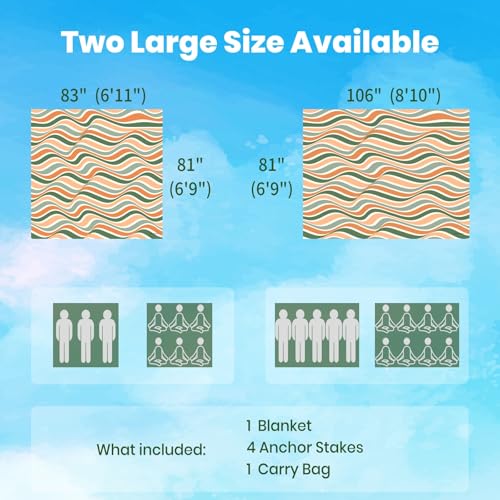 Oversized Sandproof Beach Blanket (83"x81"), Extra Large Beach Sheet for Up to 6 People. Sandfree Beach Mat, Big Sand Blankets with Sand Bags and Stakes. (Colored Wave) - color: Colored Wave, size: Large (83" X 81" / 6'11" X 6'9")