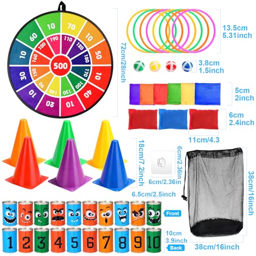 Hungdao 3 Sets Carnival Games Combo Set, Dart Board with Balls Plastic Cones Ring Bean Bags Toss Game for Boys Girls Adults Family Birthday Yard Indoor Outdoor - style: Fun Style