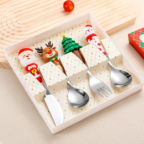 Christmas Utensil Set | Reusable Portable Cutlery Set | Stainless Steel Knife Fork Spoons Gift Box | Includes Themed Utensils (Tree/Santa/Deer/Snowman) | Ideal Christmas Gift - color: Christmas Design-Sliver