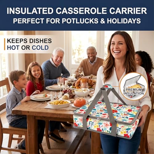 Insulated Casserole Carrier Fits Pioneer Woman Kitchen Stuff & 9x13 Baking Dish, Large Lasagna Lugger Tote, Leakproof Thermal Food Warmer Bag for Potluck, Picnic, Travel, Hot/Cold Food & Mom Gifts - color: Floral#2