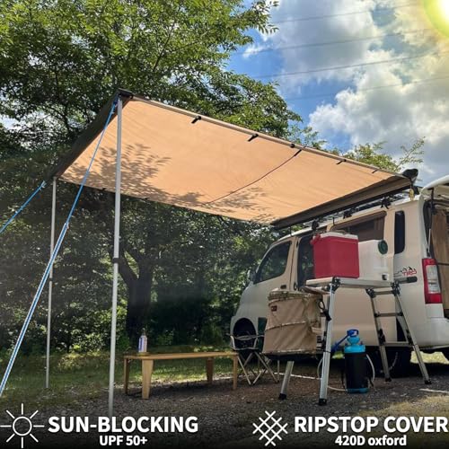 DANCHEL OUTDOOR Car Awning Pull-Out Roof Rack Vehicle Awning UPF50+ Sun Shelter Canopy for SUV Truck Camper Overland Camping, 4.9x6.5ft Khaki - color: khaki pull-out awning, size: 4.9x6.5ft