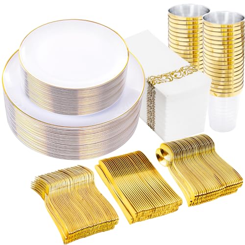 Supernal 350pcs White and Gold Plastic Plates,Gold Plastic Dinnerware for 50 Guests Include 100 White Disposable Plate, 150 Gold Silverware Set, 50 Disposable Cups, 50 Napkins - color: 350pcs White Plastic Plates with Gold Rim
