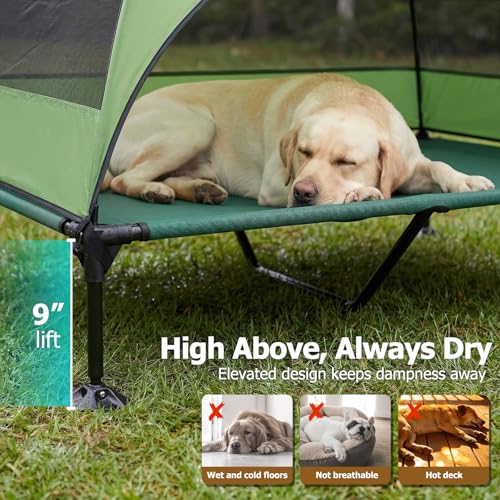 Elevated Dog Bed with Upgraded Canopy, Raised Outdoor Dog Tent with Powerful Anti-Slip Feet, Portable Pet Cot with Larger Shade, Raised Cooling Bed for Camping, Backyard, Beach, Poolside - color: Green, size: X-large: 50.0"l X 32.0"w X 42.5"th