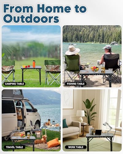 LOFTEY Small Folding Camping Table, 2ft Aluminum Portable Folding Table, 3 Adjustable Heights | Portable Handle | Lightweight for Travel & Outdoor, 23.6" x 15.7" x 27.5"H, Black