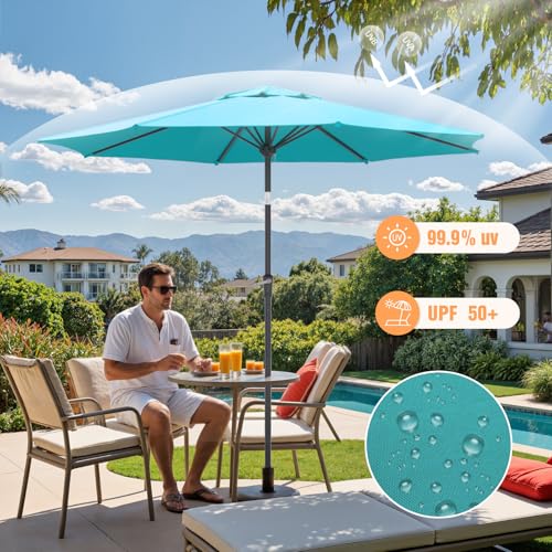 Outdoor Patio Umbrella, Table Umbrella with Push Button Tilt and Crank, 8 Ribs Market Umbrella - color: Blue-Steel Ribs, size: 9FT