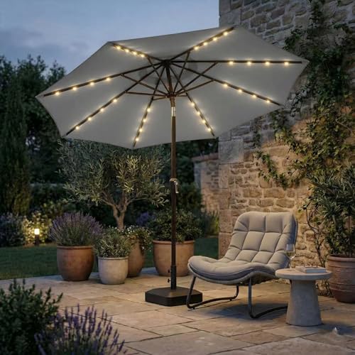 Kingdura 9FT Outdoor Patio Umbrella with Solar Lights, Market Table Umbrella with Push Button Tilt & Crank, 8 Sturdy Ribs, 32 LED Lights, UV Protection for Garden Lawn Deck Backyard Pool (Light grey) - color: Light grey-LED, size: 9 Ft