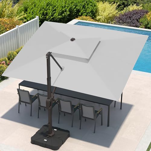 9x12 FT Cantilever Patio Umbrella with Base and Led Lights Double Top Outdoor Rectangular Large Heavy Duty Aluminum Offset Umbrellas with 7 Level Tilt 360-degree Rotation for Pool Garden Deck, Fog Grey - color: Fog Grey, size: 9' X 12'-with Light & Base