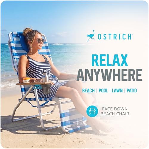 Ostrich the Original 3N1 Lightweight Beach Reclining Lounge Chair with Footrest, Outdoor Furniture for Patio, Balcony, Backyard, or Porch, Blue Stripe - color: Striped, style: Standard 3N1