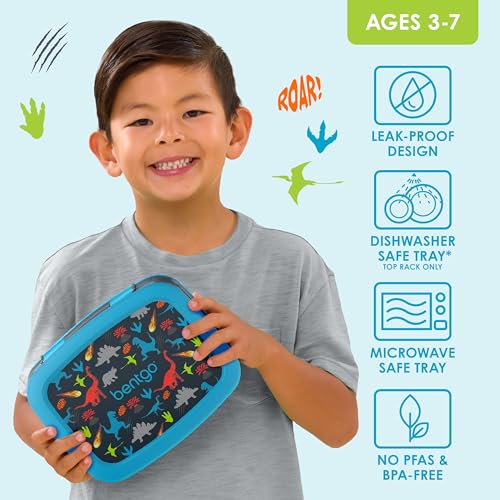 Bentgo Kids Prints Leak-Proof, 5-Compartment Bento-Style Kids Lunch Box - Ideal Portion Sizes for Ages 3-7, Durable, Drop-Proof, Dishwasher Safe, & PFAS & BPA-Free Materials (Dinosaur) - color: Dinosaur
