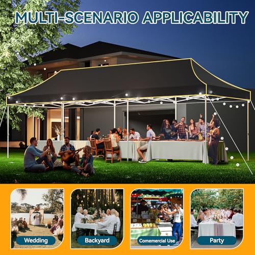 Hoteel 10x30 Pop Up Canopy Tent Heavy Duty Without Sidewalls, Waterproof Party Tent, Easy Set-up Commercial Instant Tents with Roller Bag & Sandbags, Hexagonal Leg (1-Year Warranty) - color: Black, size: 10×30 （no Walls）