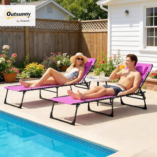 Outsunny Folding Chaise Lounge Chair Set of 2, Patio Sun Tanning Chair, Outdoor Chaise Lounger with 4-Position Reclining Back, Breathable Mesh Seat for Beach, Poolside, Yard, Purple - color: Purple, size: 2 Packs