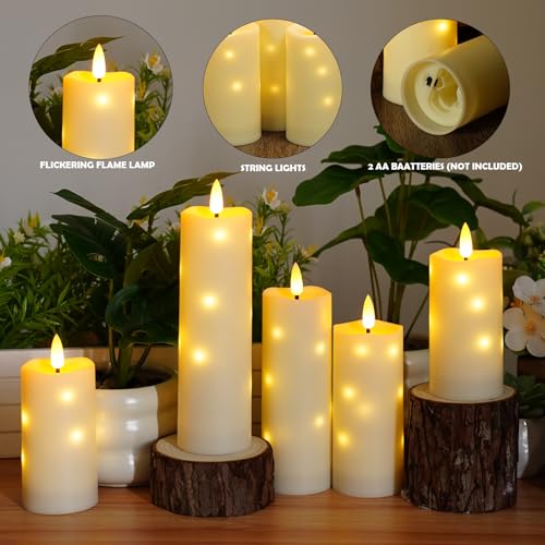 kakoya Outdoor Waterproof Flickering Flameless Candles with Timer,5Pcs Battery Operated LED Pillar Candles with Embedded Star String for Outdoor Lanterns,Porch,Patio Decor(Ivory) - color: Ivory, size: 5PCS-D2.2“xH5"5"6"7"8"